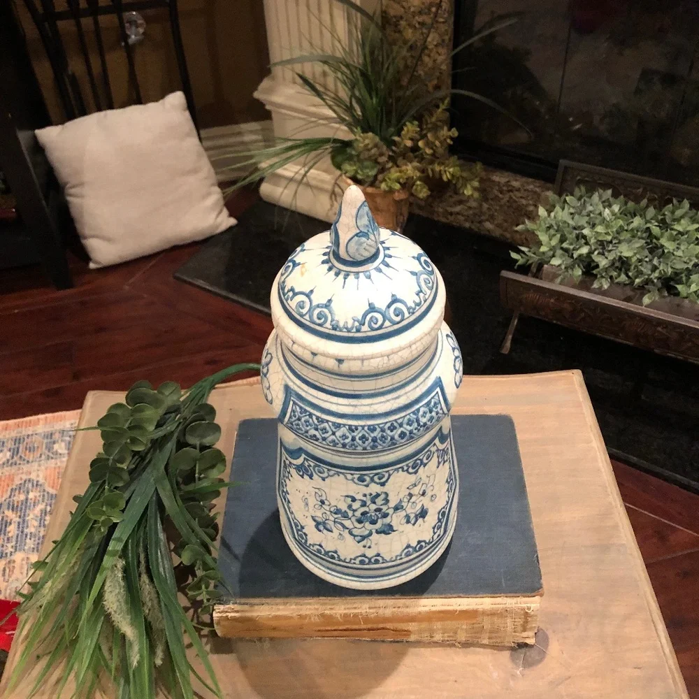 Large Benlloch Spanish Pitcher Vase Crackle Glaze Blue White 13.5 Inches Tall - Picture 2 of 8